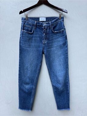 Current/Elliott Exposed Fly Vintage Cropped Slim Jeans 28 Blue Raw Hem